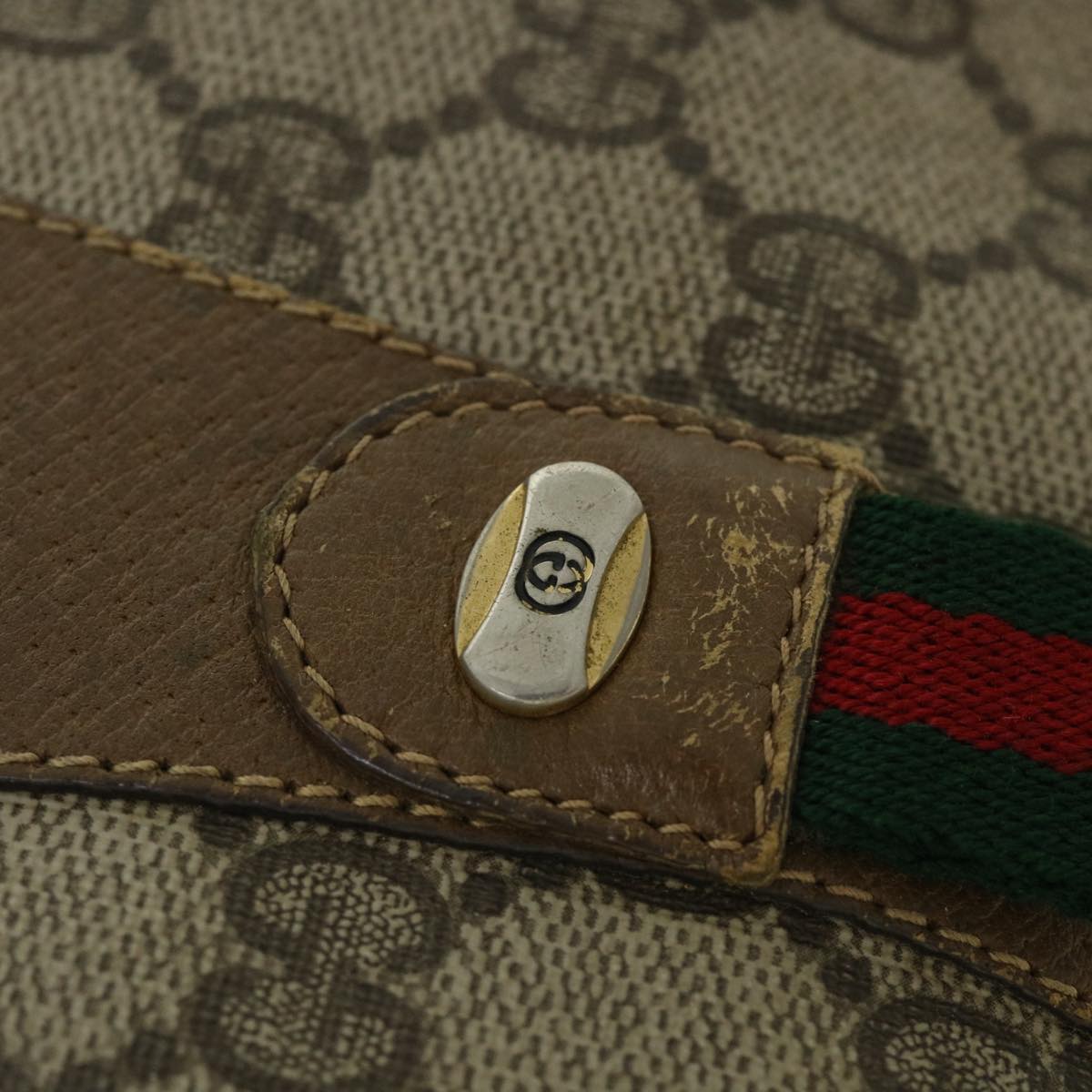 GUCCI GG Canvas Web Sherry Line Clutch Bag PVC Leather Beige Green ep1670