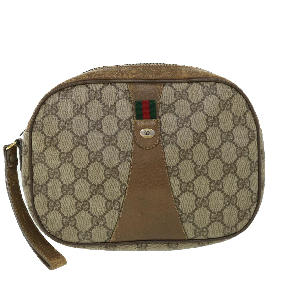 GUCCI GG Canvas Web Sherry Line Clutch Bag PVC Leather Beige Green ep1670