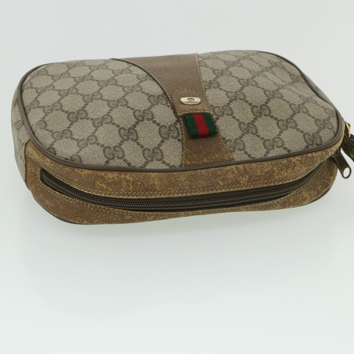 GUCCI GG Canvas Web Sherry Line Clutch Bag PVC Leather Beige Green ep1670