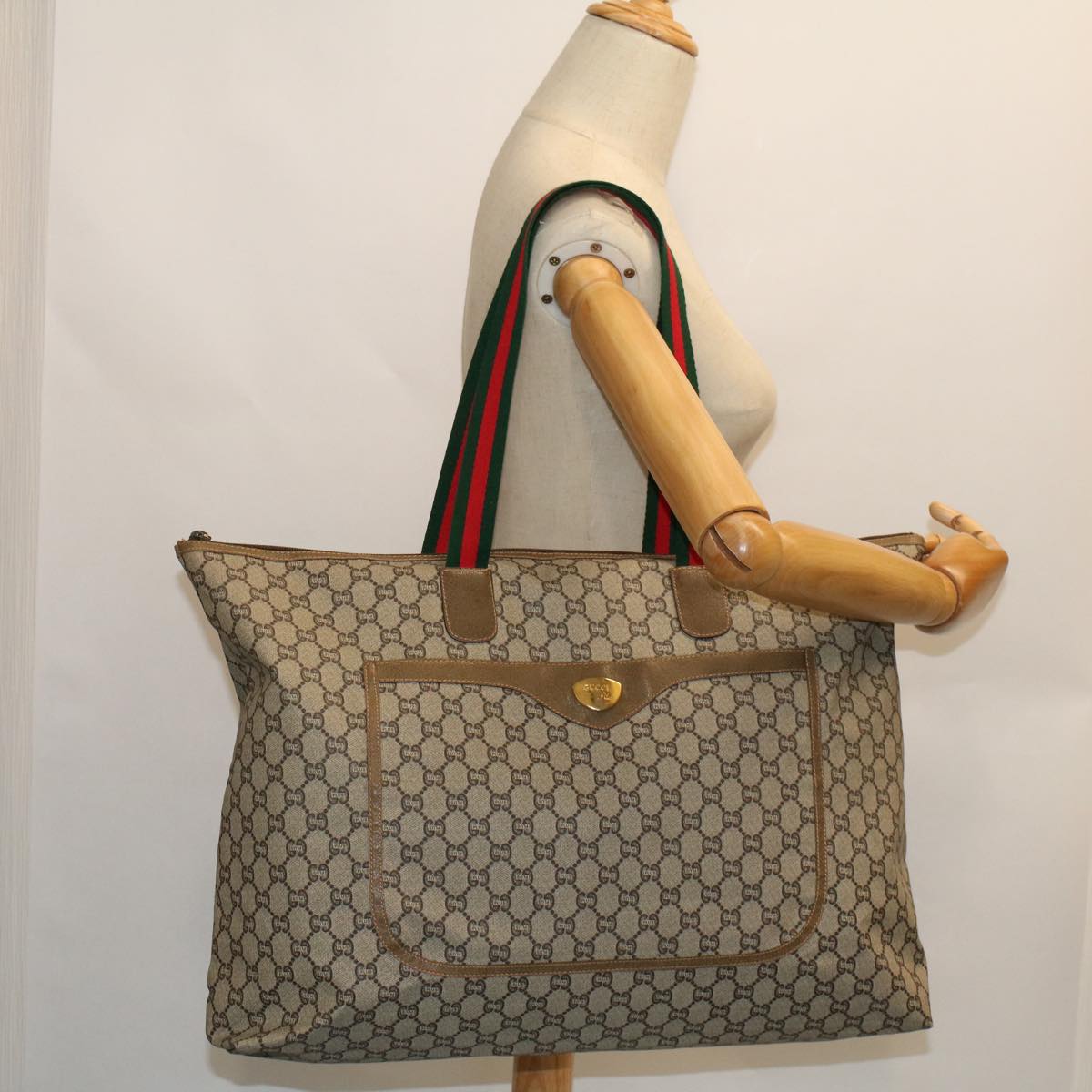 GUCCI GG Plus Canvas Web Sherry Line Tote Bag Beige Red Green ep1694