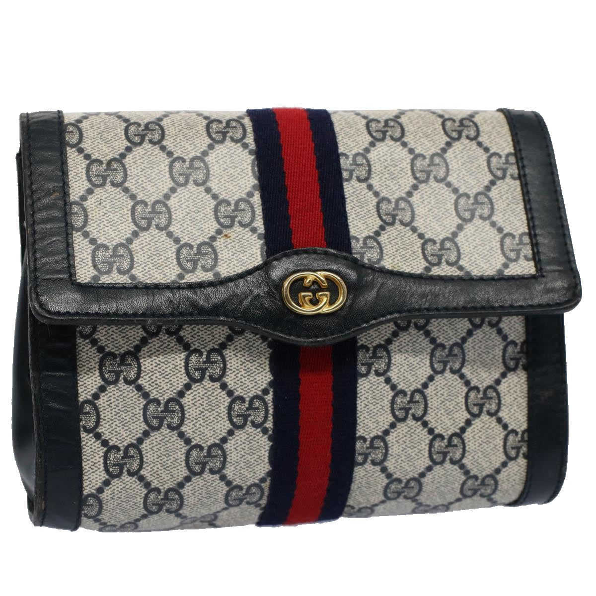 GUCCI GG Canvas Sherry Line Clutch Bag PVC Leather Gray Red Navy ep1790