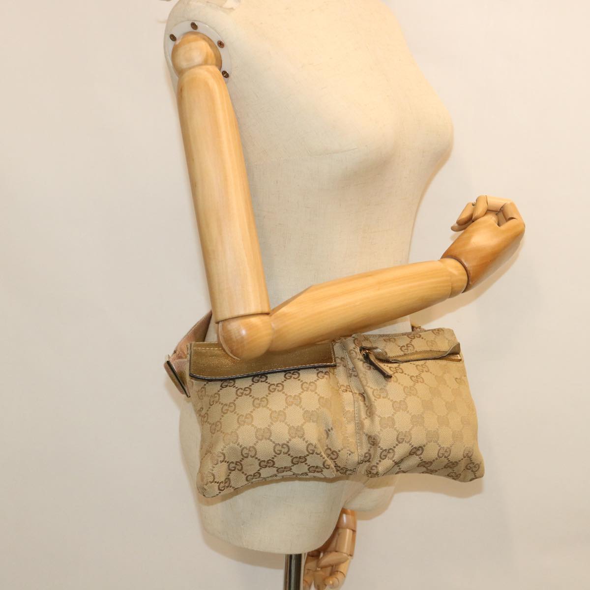 GUCCI GG Canvas Sherry Line Waist bag Beige Pink gold 28566 ep1849