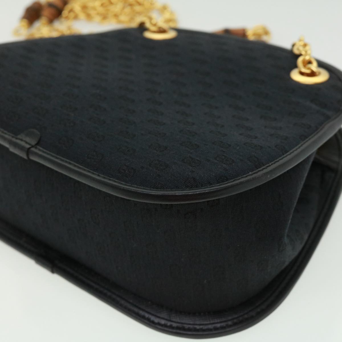 GUCCI Micro GG Canvas Bamboo Chain Shoulder Bag Black Gold ep231
