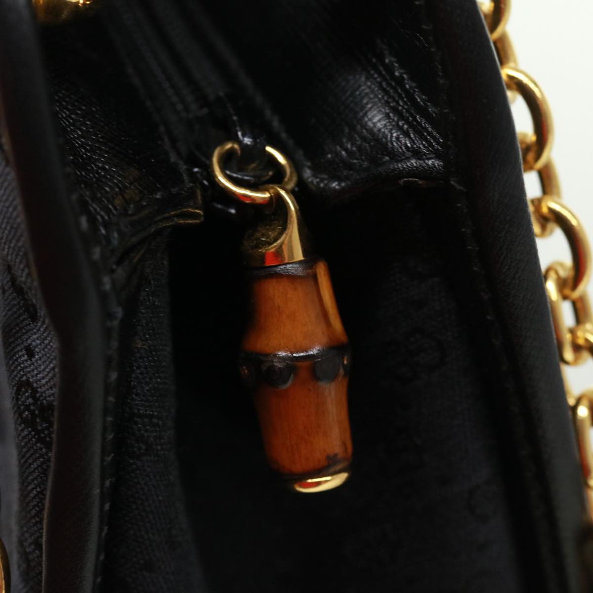 GUCCI Micro GG Canvas Bamboo Chain Shoulder Bag Black Gold ep231