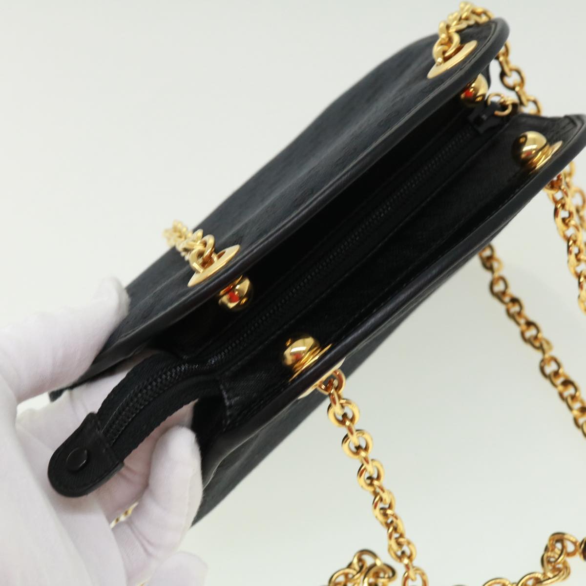 GUCCI Micro GG Canvas Bamboo Chain Shoulder Bag Black Gold ep231