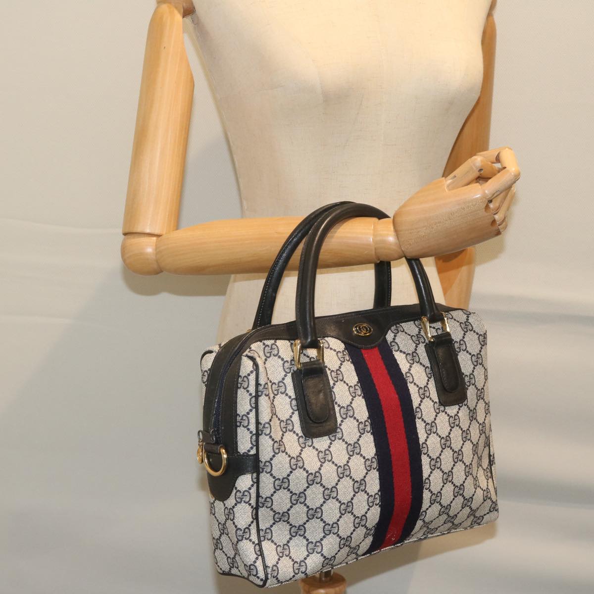 GUCCI GG Supreme Sherry Line Boston Bag PVC Leather Red Navy ep2786