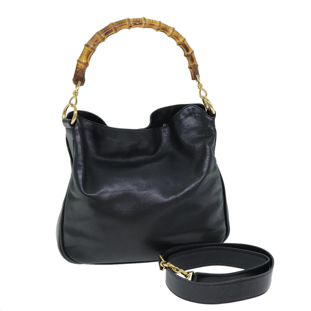 GUCCI Bamboo Hand Bag Leather 2way Black 001 1638 2615 ep4131