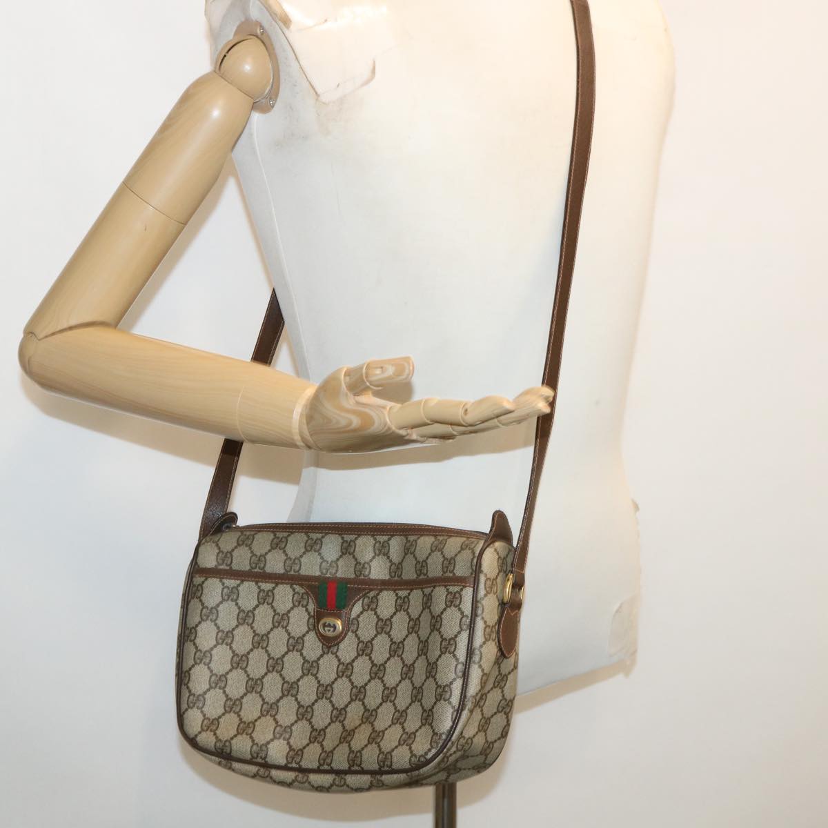 GUCCI Web Sherry Line GG Canvas Shoulder Bag PVC Leather Beige Green ep425