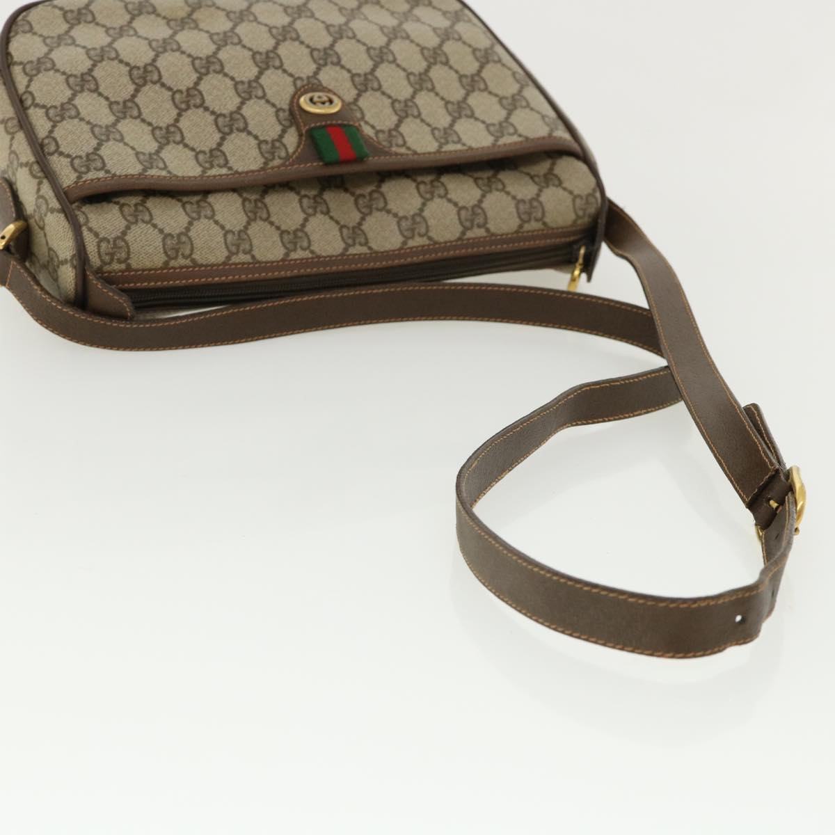 GUCCI Web Sherry Line GG Canvas Shoulder Bag PVC Leather Beige Green ep425