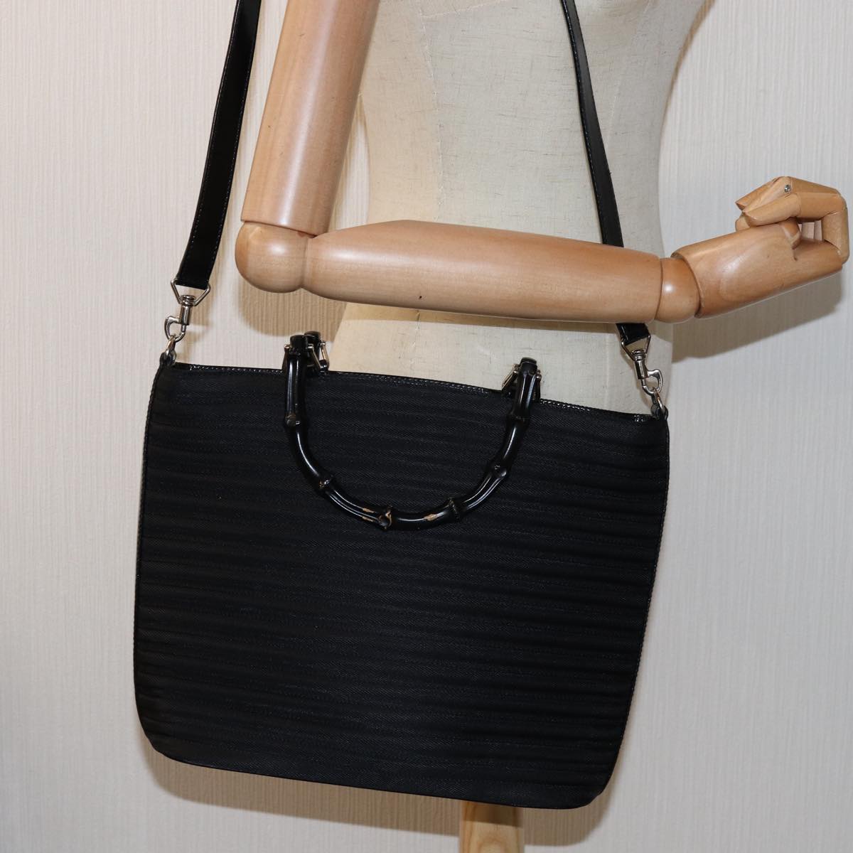 GUCCI Bamboo Hand Bag Nylon 2way Black 000 1998 0588 ep4254