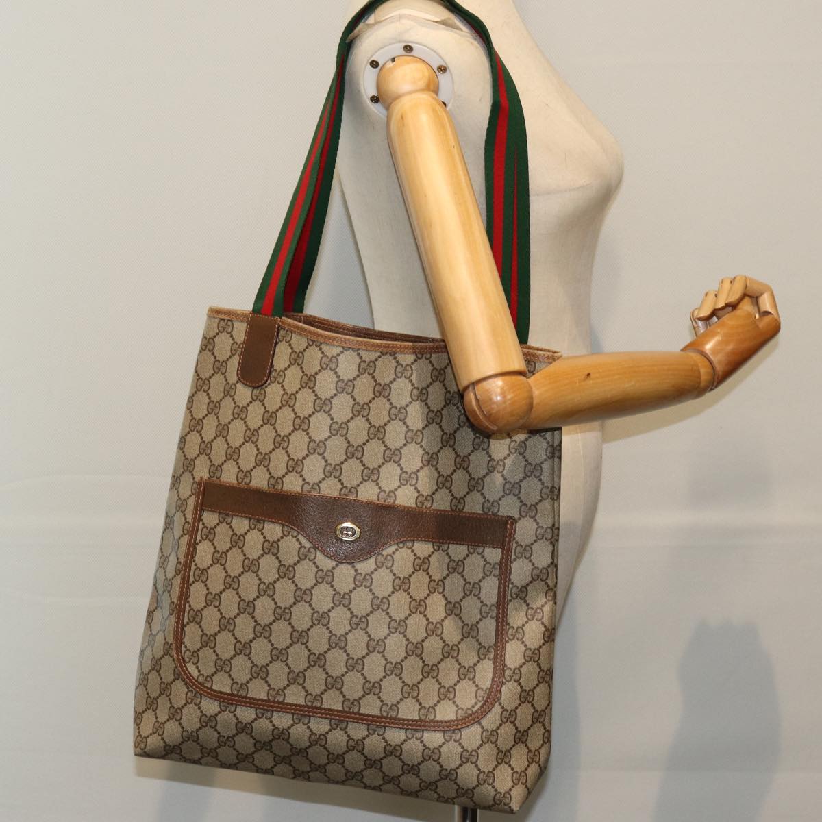 GUCCI GG Supreme Web Sherry Line Tote Bag PVC Red Beige 89 02 003 ep4284