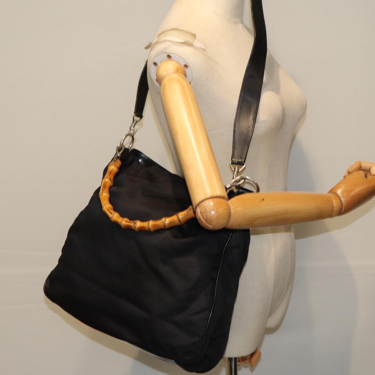 GUCCI Bamboo Shoulder Bag Nylon 2way Black 001 1998 1577 ep4348
