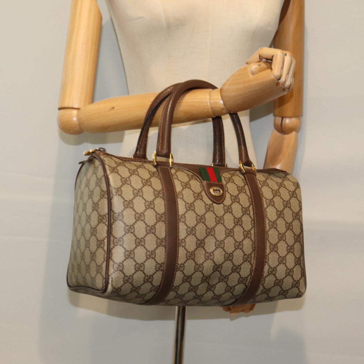 GUCCI GG Supreme Web Sherry Line Boston Bag PVC Beige Red 40 02 007 ep4397