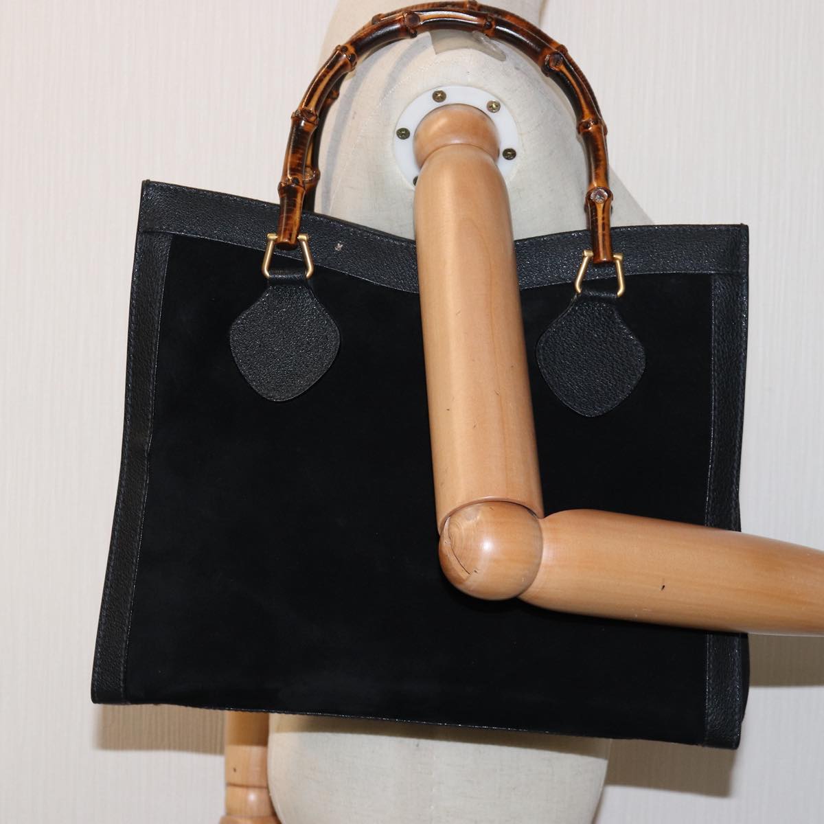 GUCCI Bamboo Tote Bag Suede Leather Black ep4462
