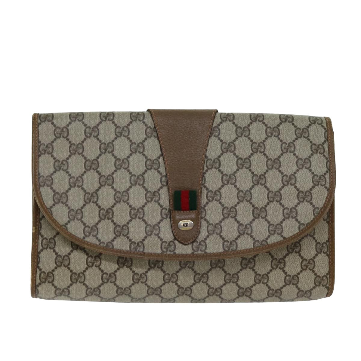 GUCCI GG Supreme Web Sherry Line Clutch Bag PVC Leather Beige ep4493