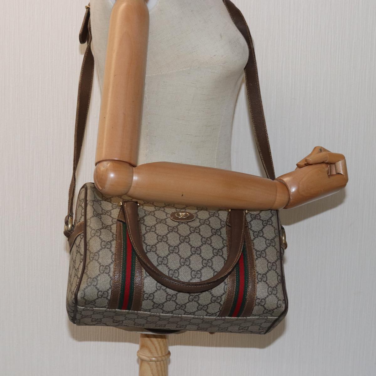 GUCCI GG Supreme Web Sherry Line Boston Bag PVC Beige 002 115 6697 ep4571