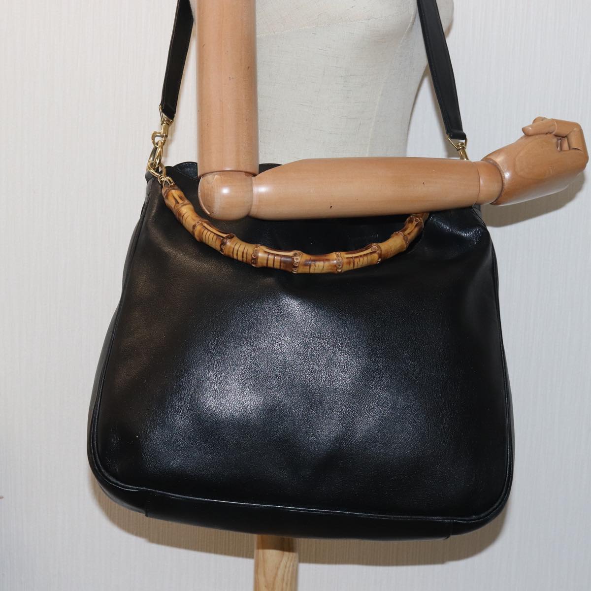 GUCCI Bamboo Hand Bag Leather 2way Black 001 1577 ep4654