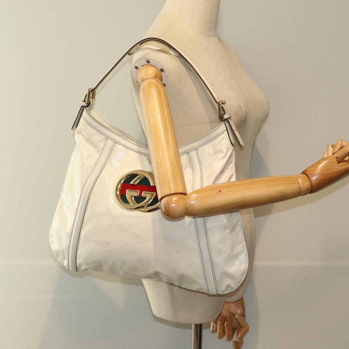 GUCCI Web Sherry Line Shoulder Bag Coated Canvas White Red 162740 ep4886