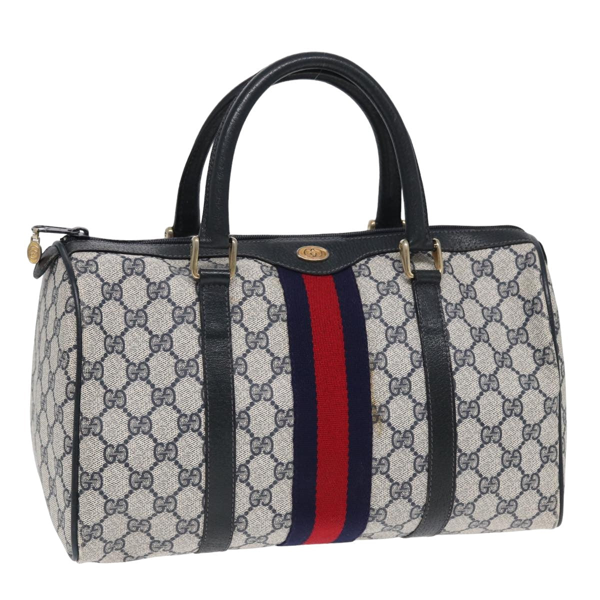 GUCCI GG Supreme Sherry Line Boston Bag PVC Leather Navy Red ep4938