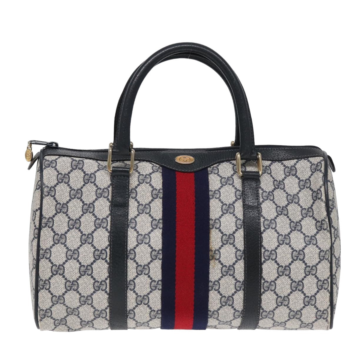 GUCCI GG Supreme Sherry Line Boston Bag PVC Leather Navy Red ep4938