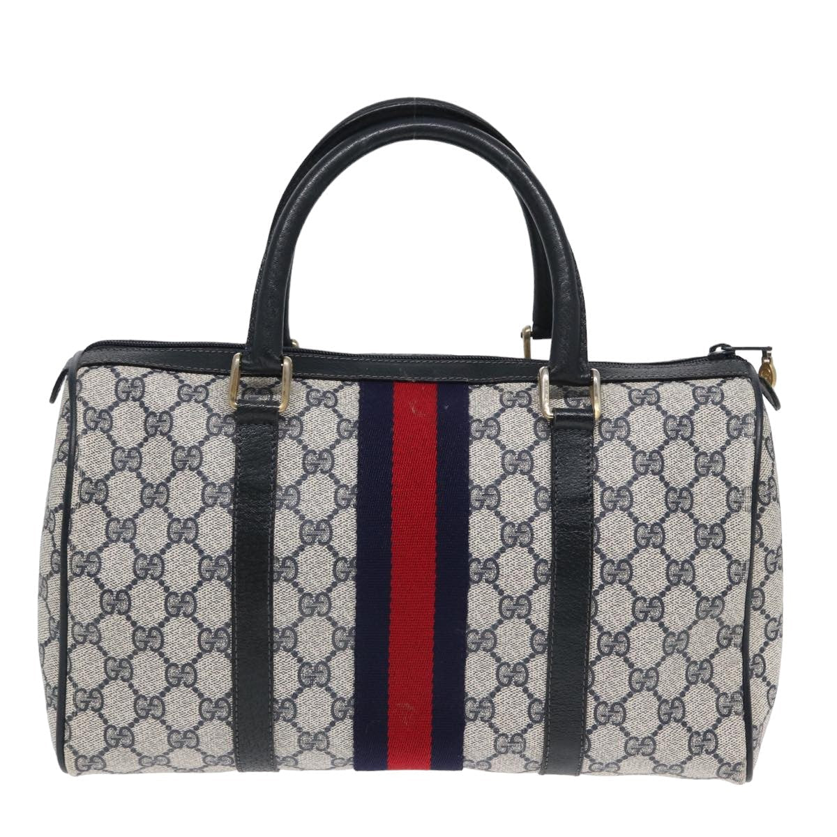 GUCCI GG Supreme Sherry Line Boston Bag PVC Leather Navy Red ep4938