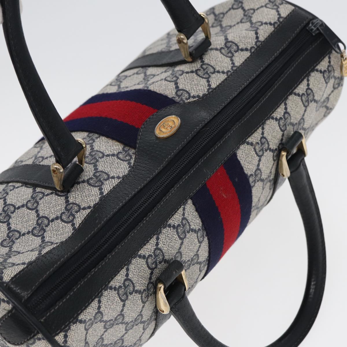 GUCCI GG Supreme Sherry Line Boston Bag PVC Leather Navy Red ep4938