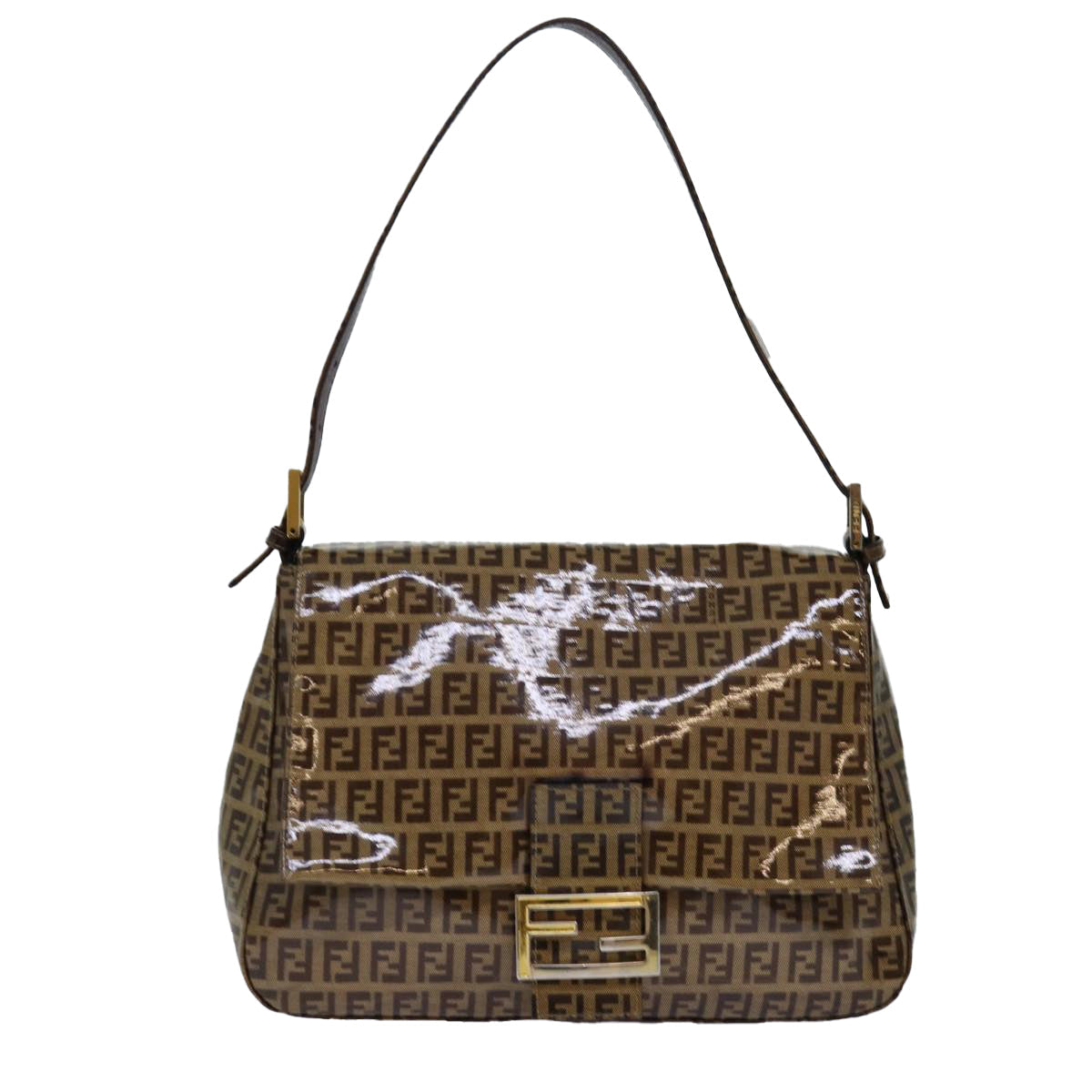 FENDI Zucchino Canvas Mamma Baguette Shoulder Bag Beige Gold ep5119