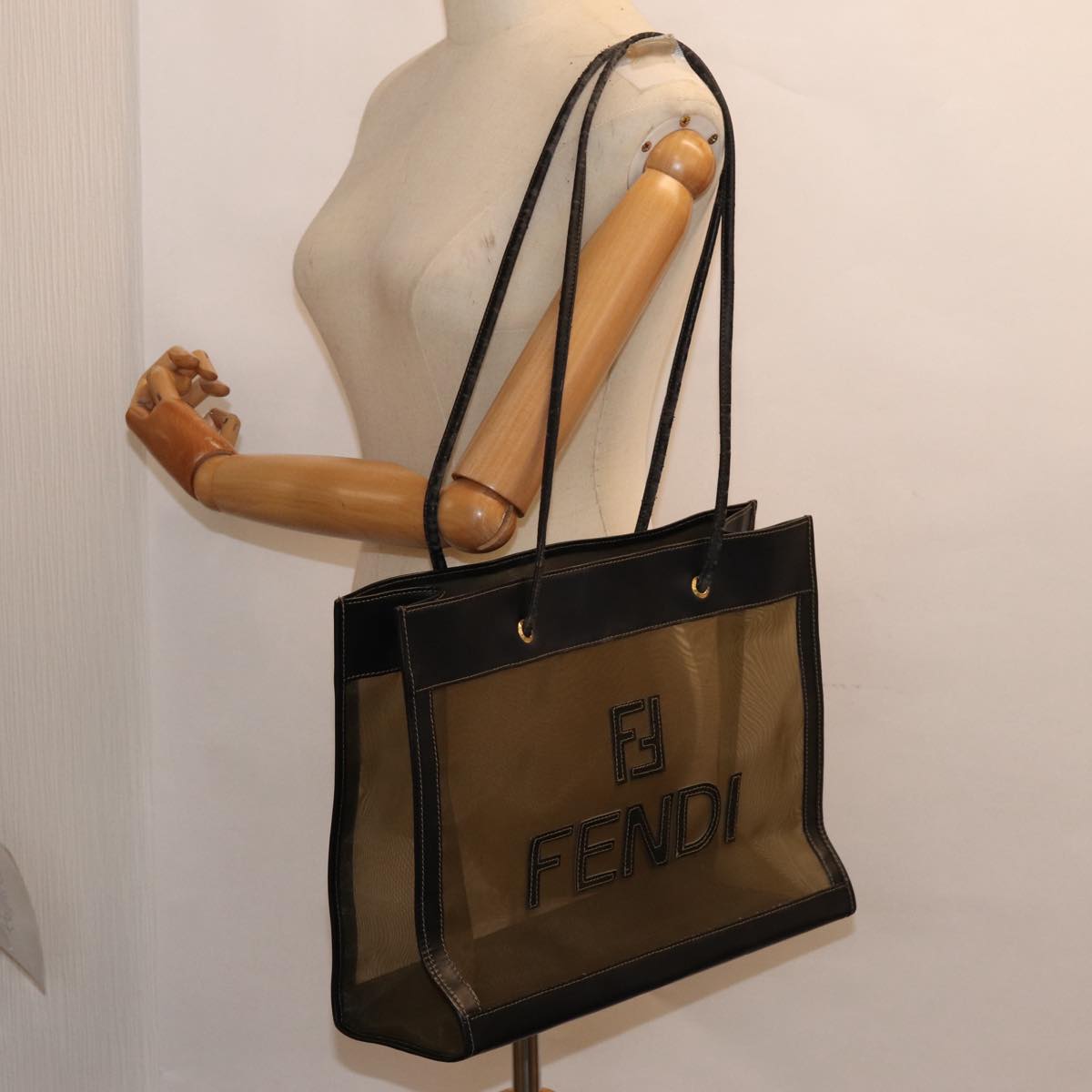 FENDI Tote Bag Nylon Leather Black Khaki gold ep5485