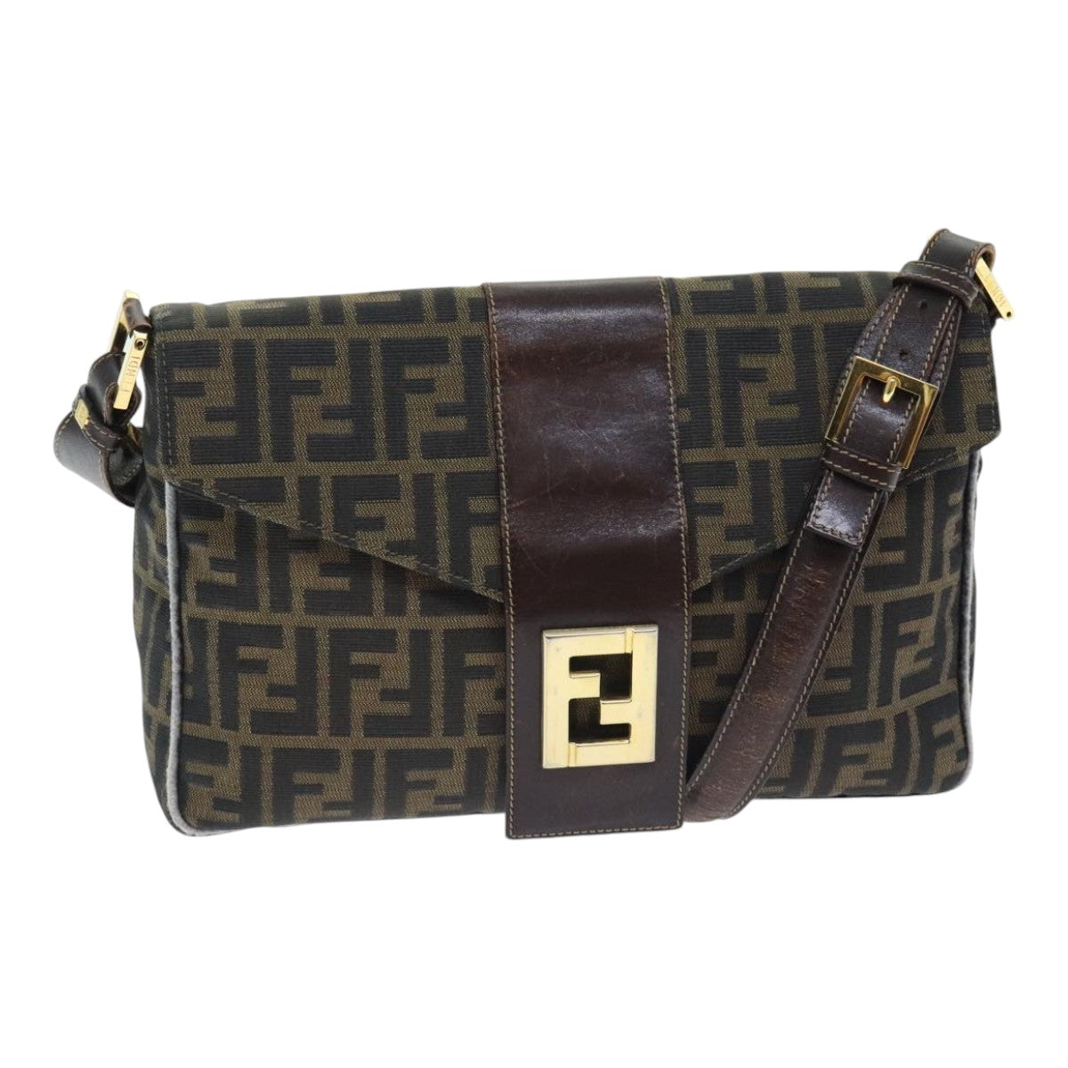 FENDI Zucca Canvas Shoulder Bag Brown Black Gold ep5919