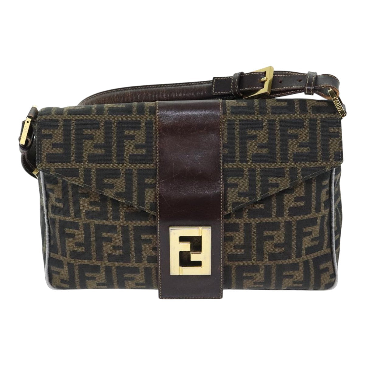 FENDI Zucca Canvas Shoulder Bag Brown Black Gold ep5919