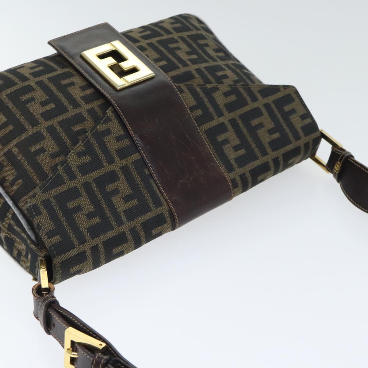 FENDI Zucca Canvas Shoulder Bag Brown Black Gold ep5919