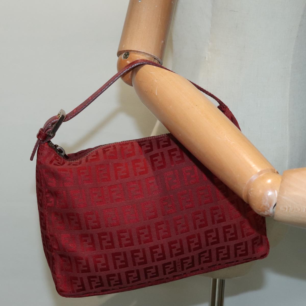 FENDI Zucchino Canvas Hand Bag Red Silver ep5978