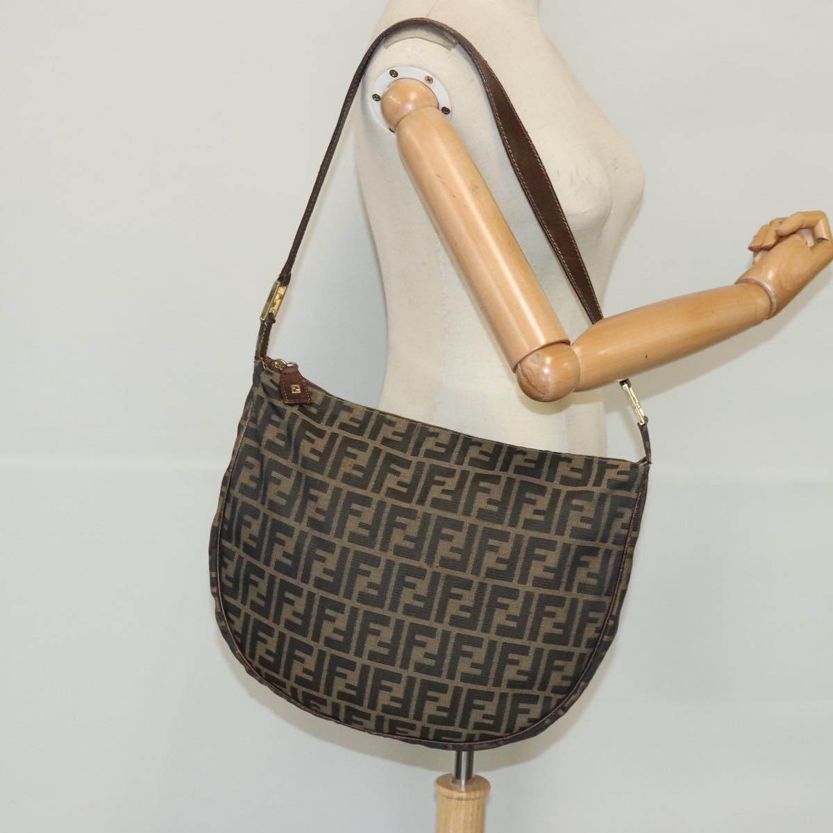 FENDI Zucca Canvas Shoulder Bag Black Brown gold ep6131