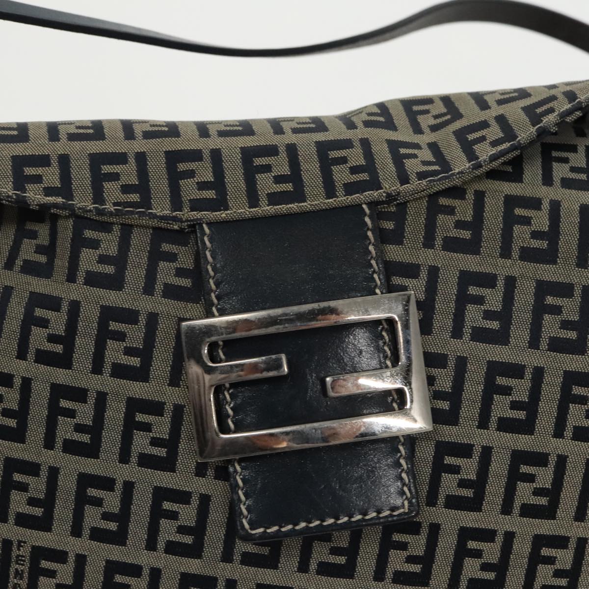 FENDI Zucchino Canvas Mamma Baguette Shoulder Bag Navy Silver ep6224
