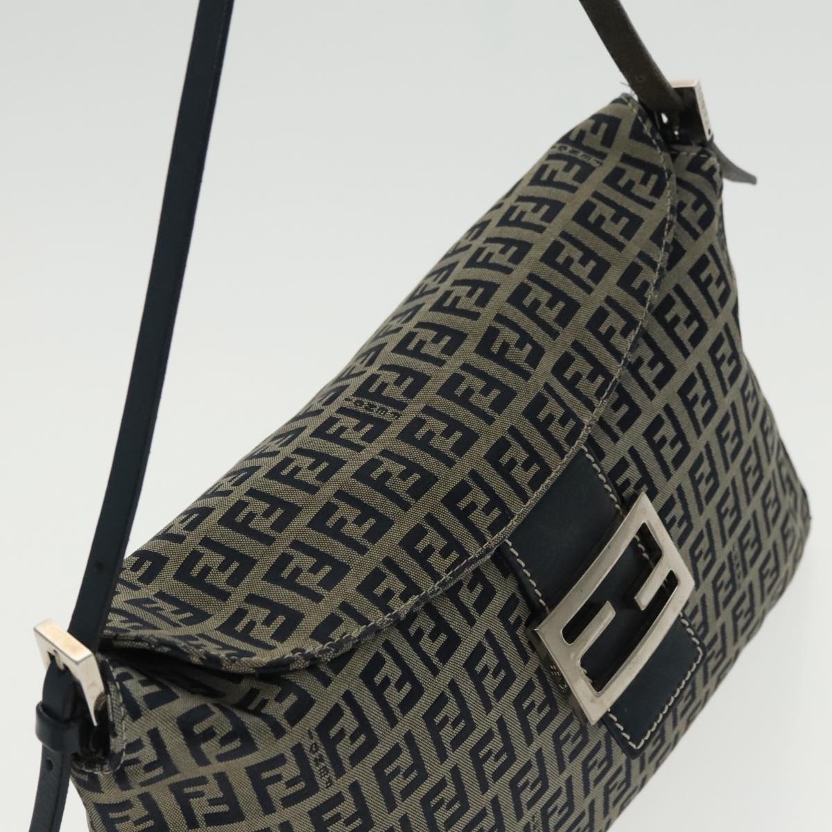 FENDI Zucchino Canvas Mamma Baguette Shoulder Bag Navy Silver ep6224