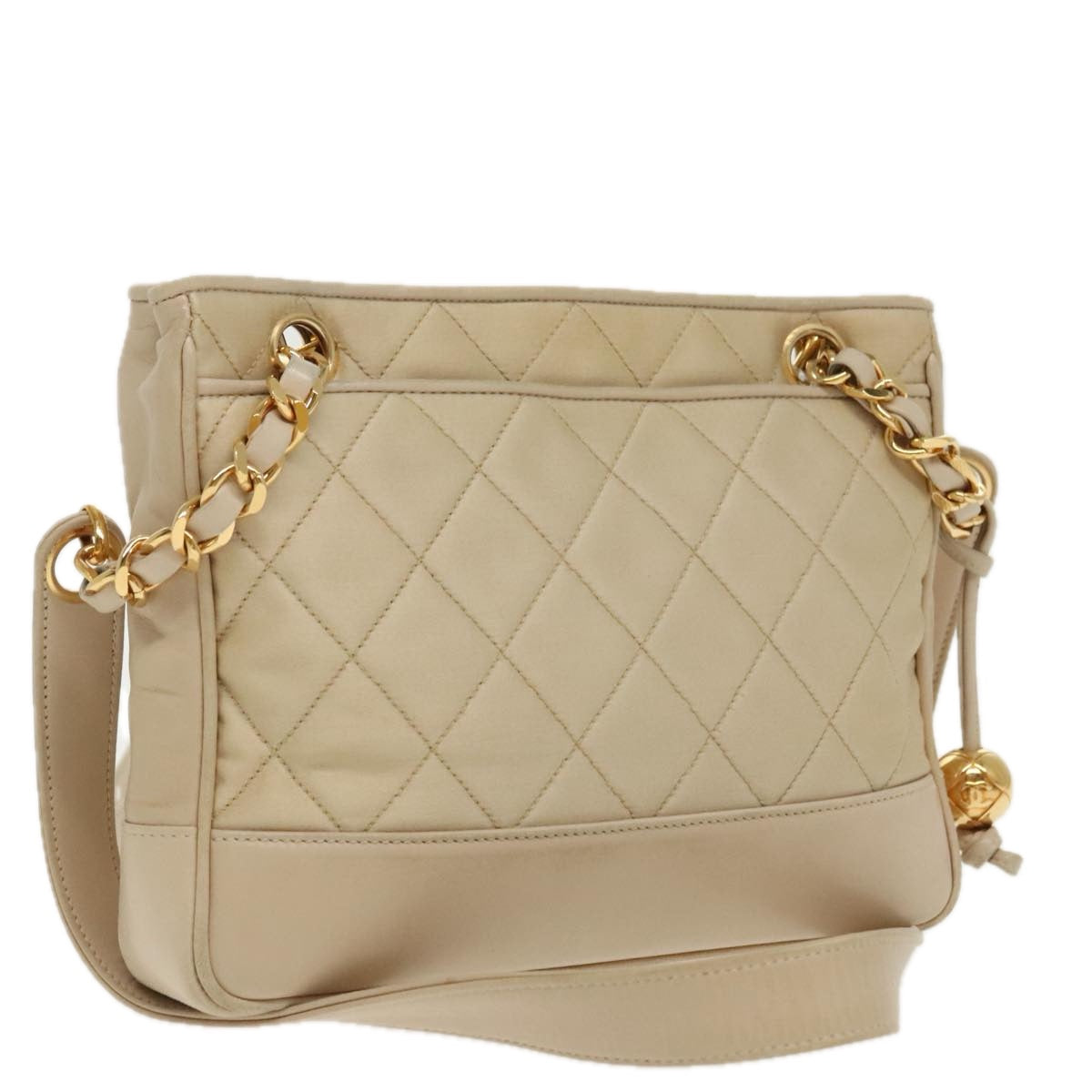 CHANEL Matelasse Chain Shoulder Bag Satin Beige Gold CC ep6261