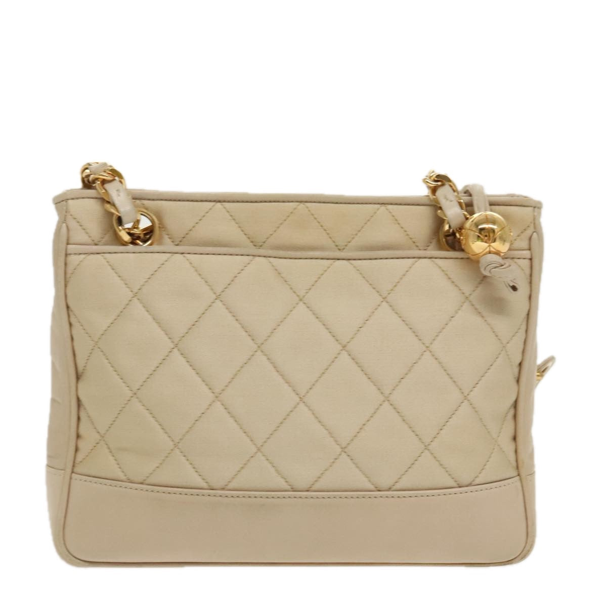 CHANEL Matelasse Chain Shoulder Bag Satin Beige Gold CC ep6261