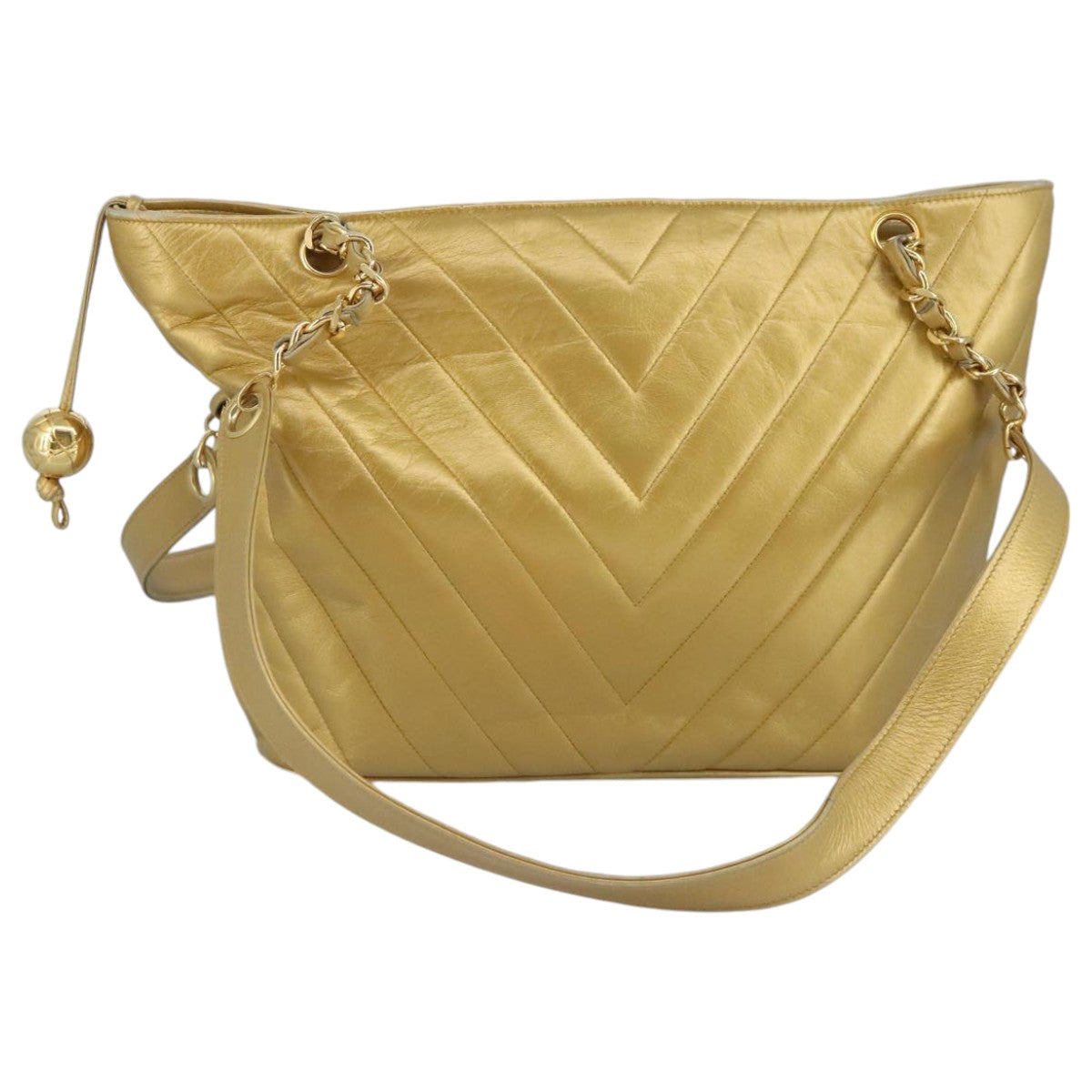 CHANEL V Stitch Chain Tote Bag Lamb Skin Gold Tone CC ep6263