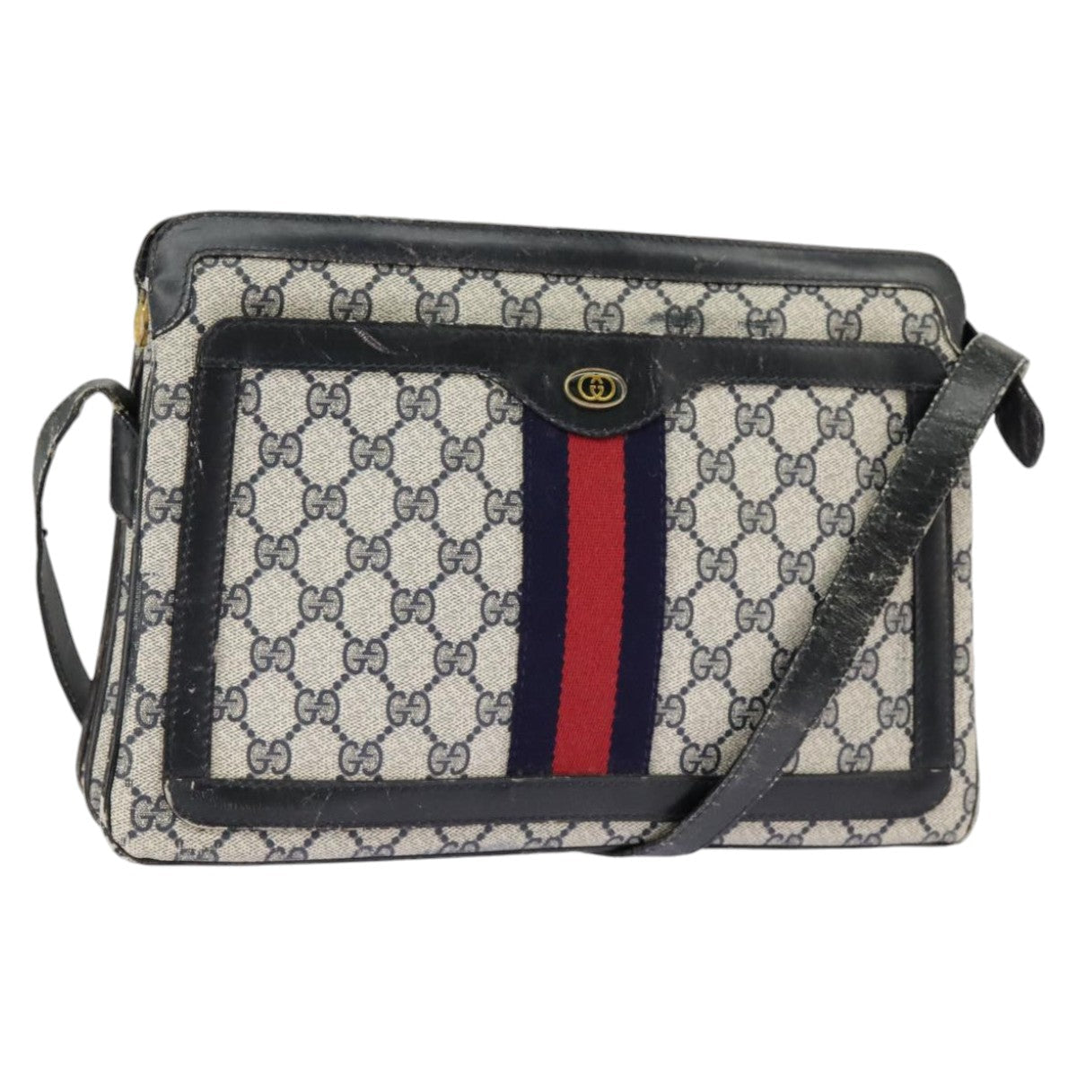 GUCCI GG Supreme Sherry Line Shoulder Bag PVC Navy Gold Red 010 378 ep6279
