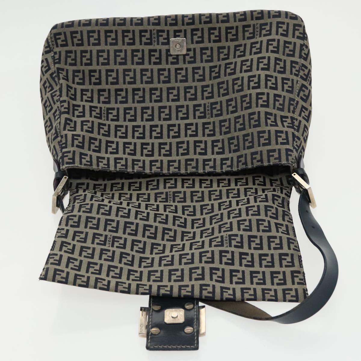 FENDI Zucchino Canvas Mamma Baguette Shoulder Bag Navy Silver ep6302