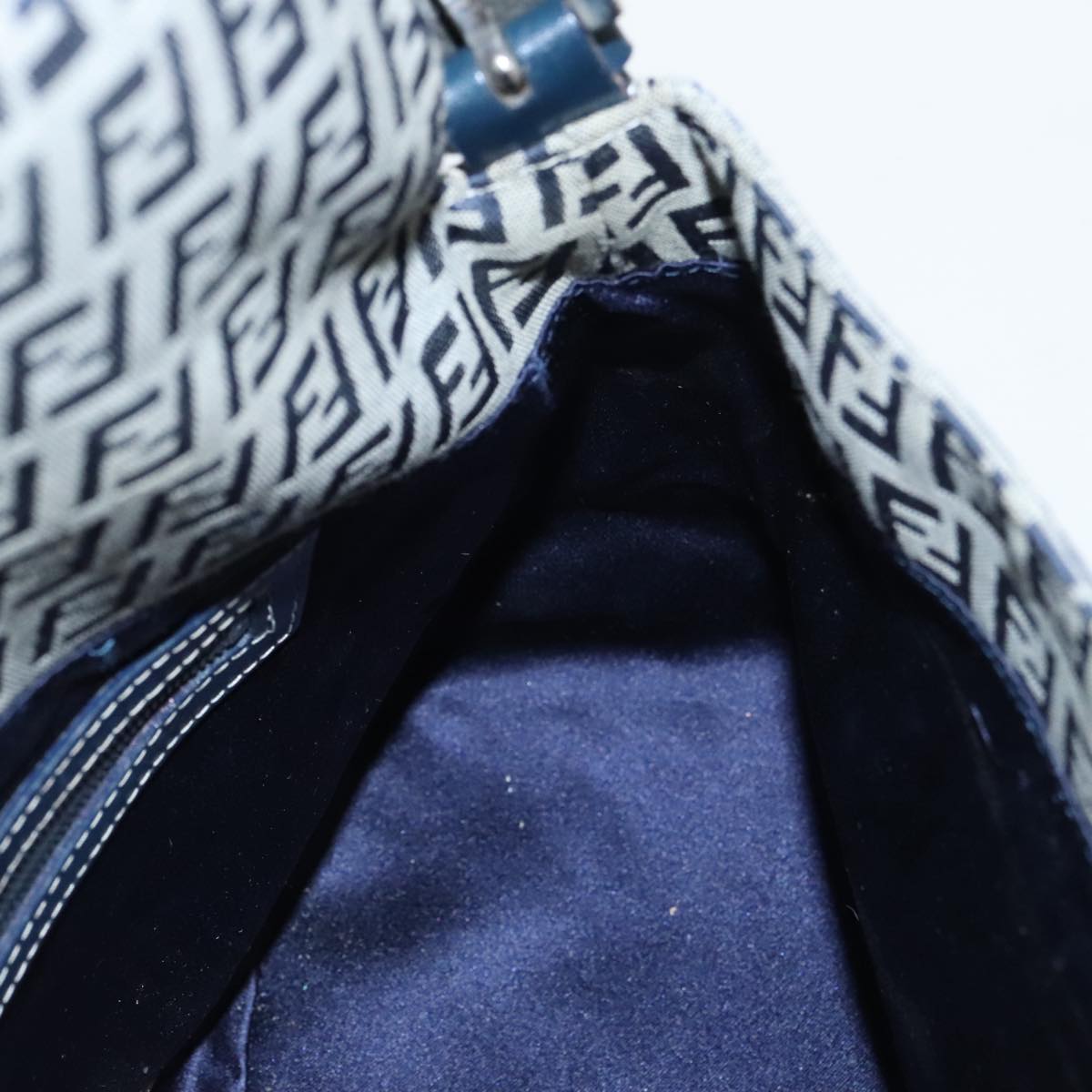 FENDI Zucchino Canvas Mamma Baguette Shoulder Bag Navy Silver ep6302