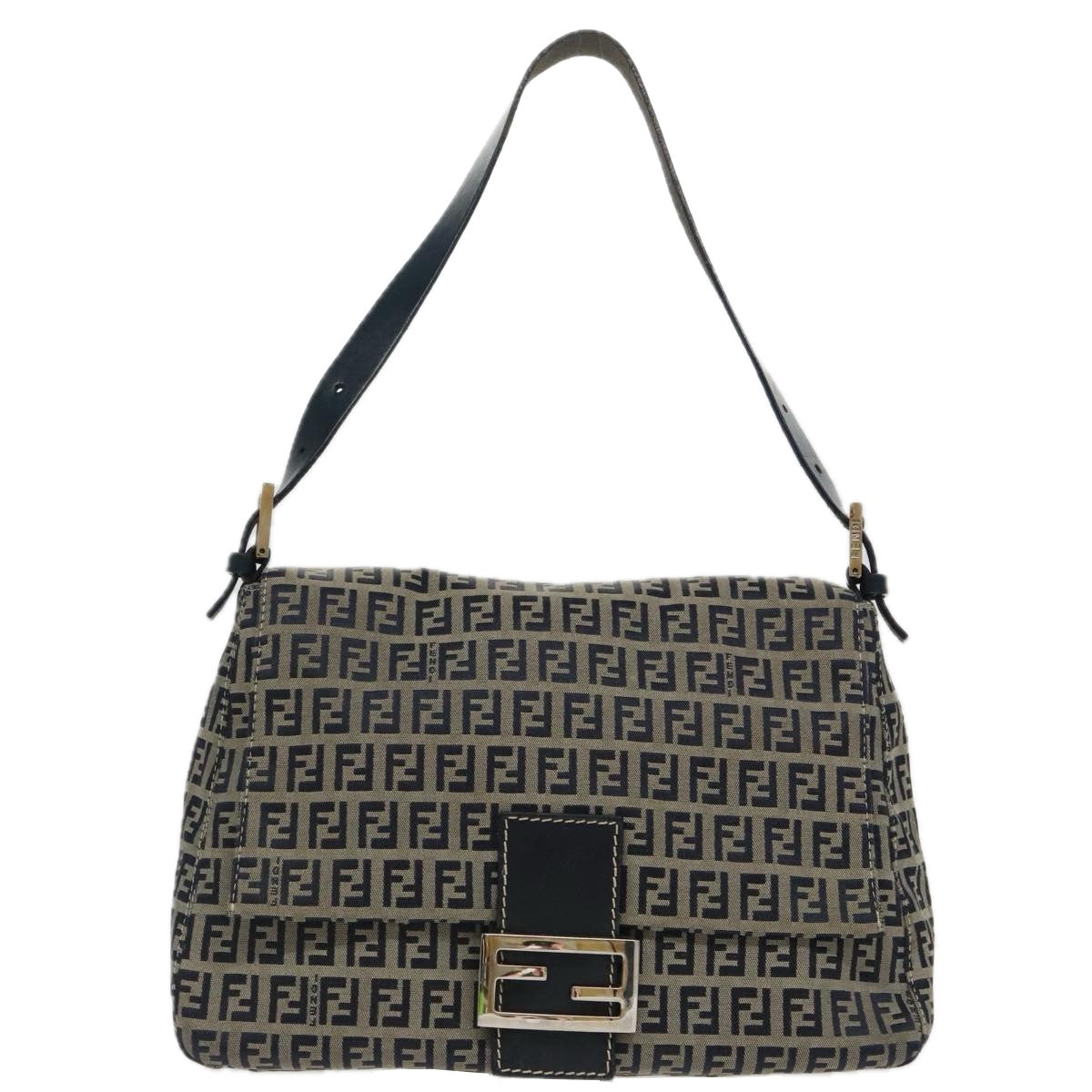 FENDI Zucchino Canvas Mamma Baguette Shoulder Bag Navy Silver ep6302