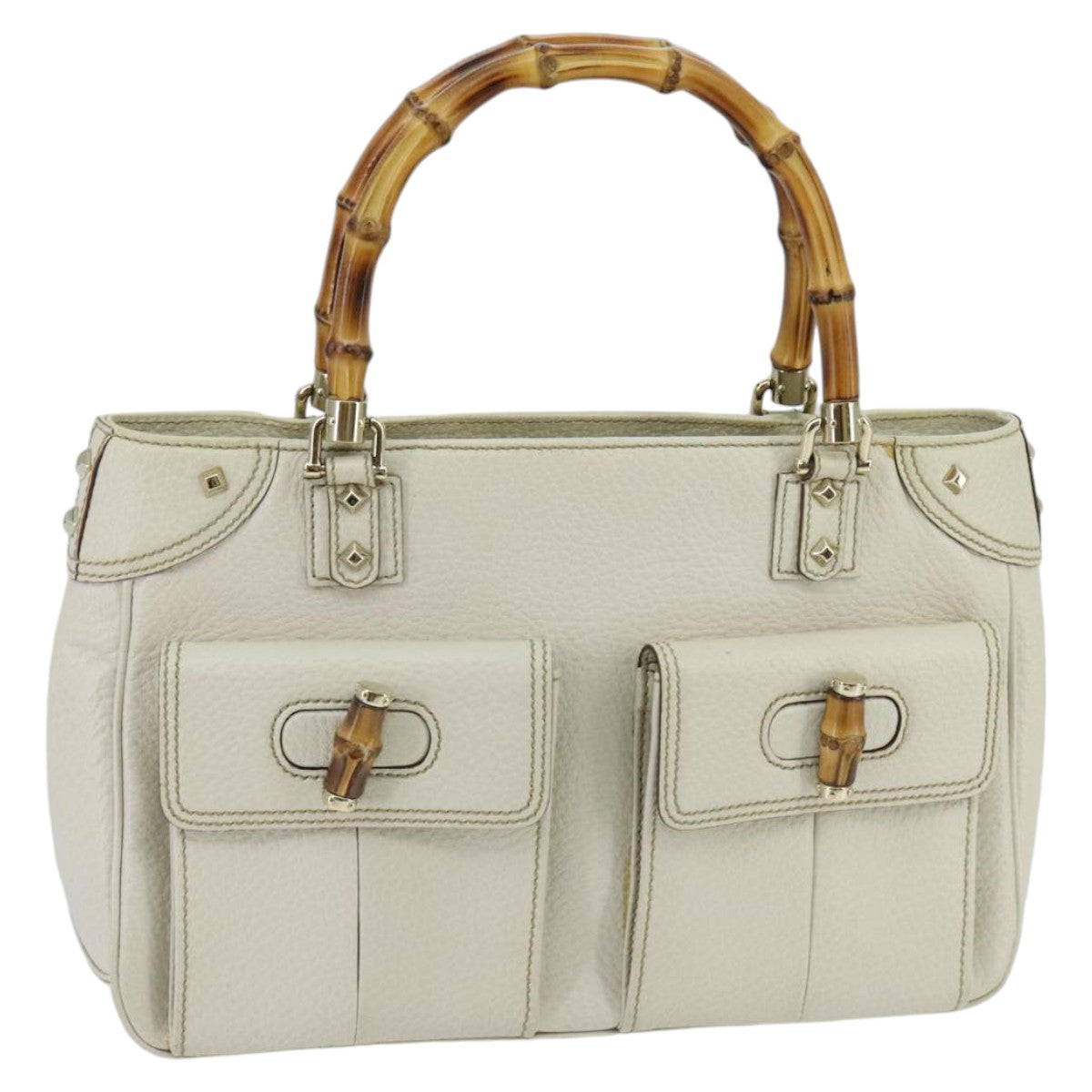 GUCCI Bamboo Hand Bag Leather White Gold 137381 ep6322