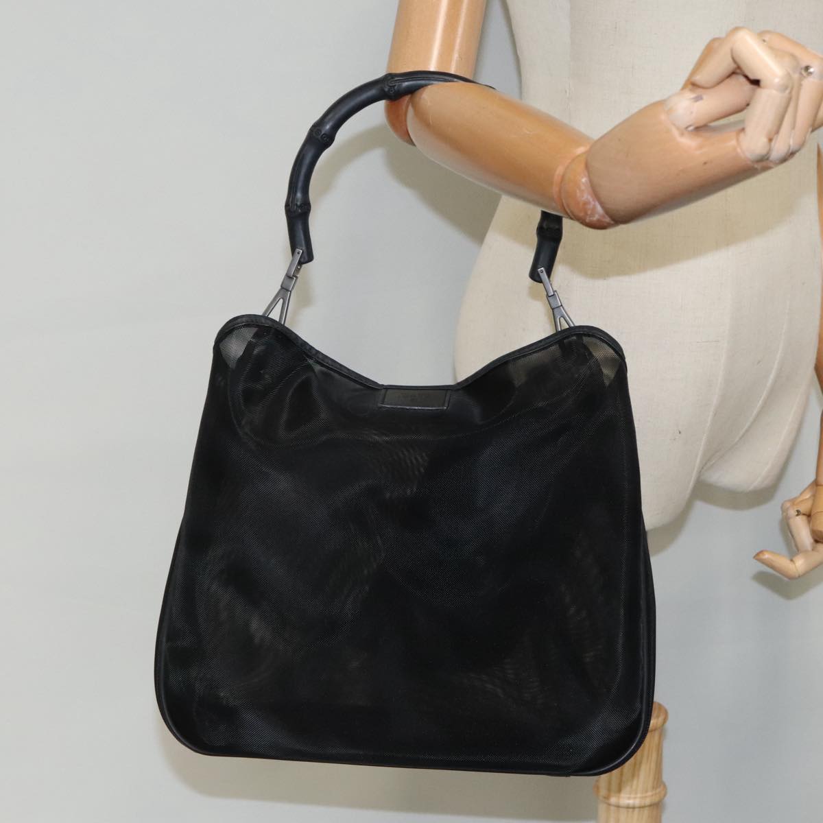 GUCCI Bamboo Mesh Hand Bag Nylon Black 001 5638 ep6383