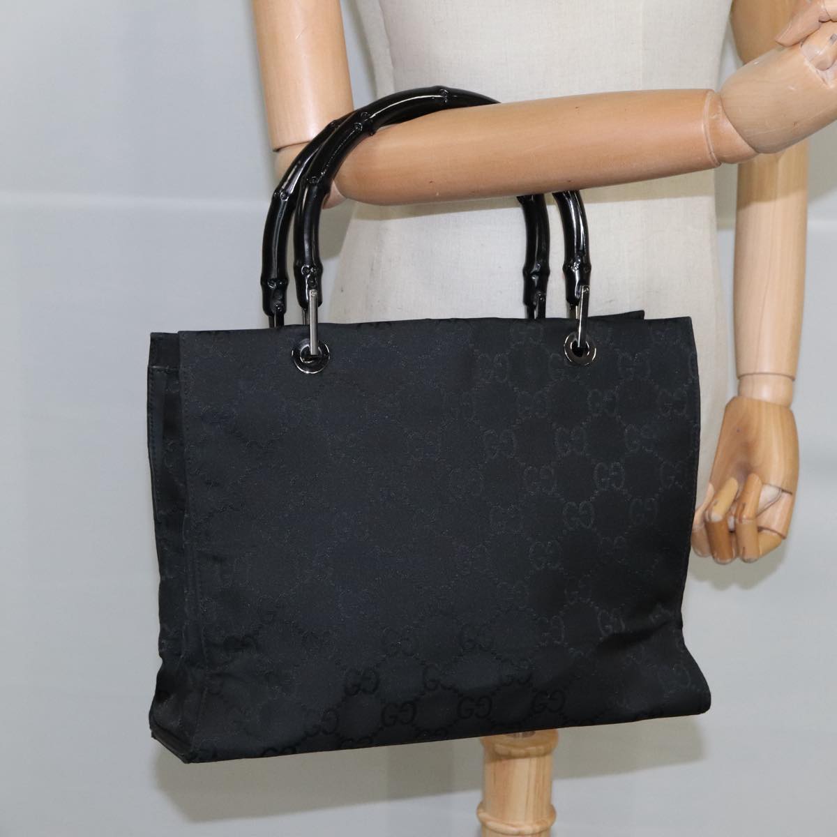 GUCCI Bamboo GG Canvas Hand Bag Nylon Black Silver 002 1016 2123 ep6579