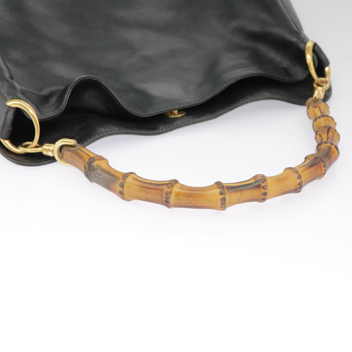 GUCCI Bamboo Hand Bag Leather 2way Black Gold 000 1448 1638 ep6587