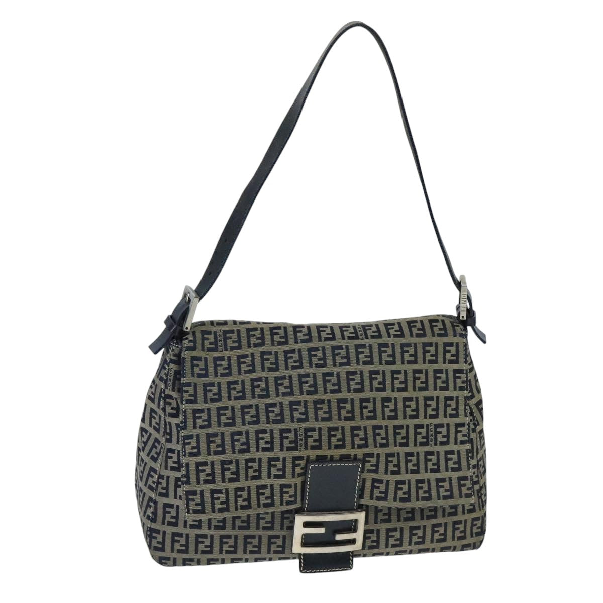 FENDI Zucchino Canvas Mamma Baguette Shoulder Bag Navy Silver ep6613