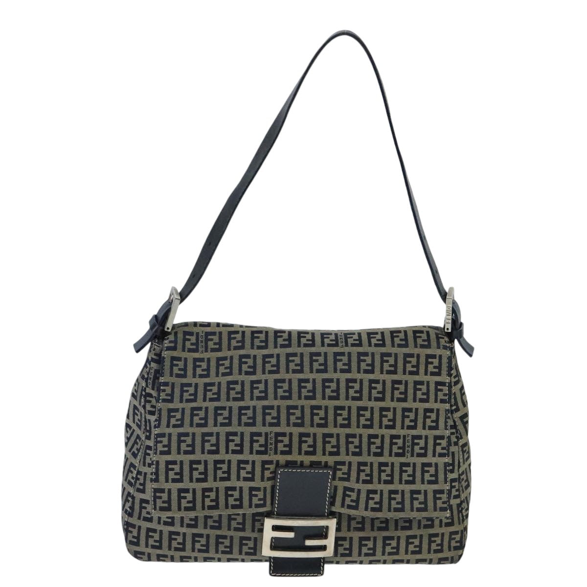 FENDI Zucchino Canvas Mamma Baguette Shoulder Bag Navy Silver ep6613
