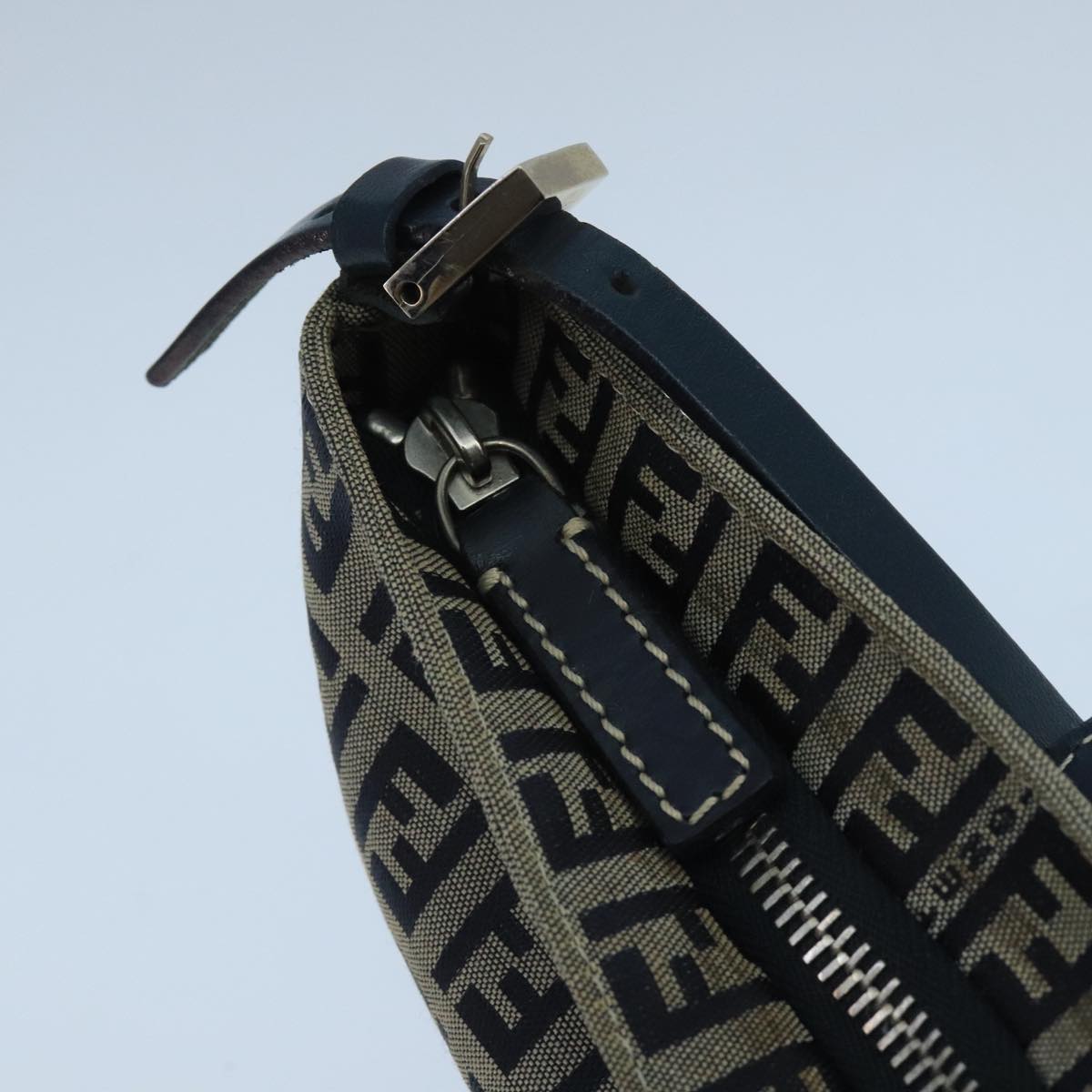 FENDI Zucchino Canvas Mamma Baguette Shoulder Bag Navy Silver ep6828