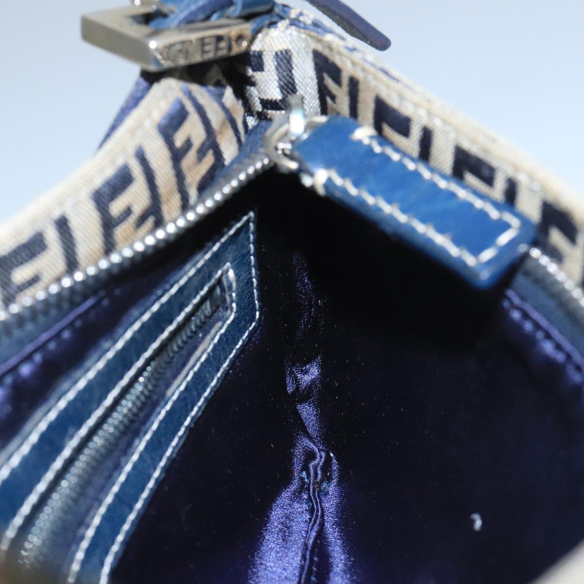 FENDI Zucchino Canvas Mamma Baguette Shoulder Bag Navy Silver ep6828